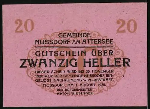 Notgeld Nussdorf am Attersee 1920, 20 Heller, Kirche mit Bäumen und Ornamenten