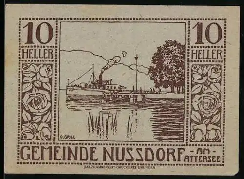 Notgeld Nussdorf am Attersee 1920, 10 Heller, Dampfschiff und Rosenmuster