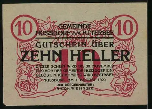 Notgeld Nussdorf am Attersee 1920, 10 Heller, Dampfschiff und Rosenmuster