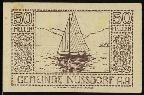 Notgeld Nussdorf am Attersee, 50 Heller, Segelboot auf See mit Berglandschaft