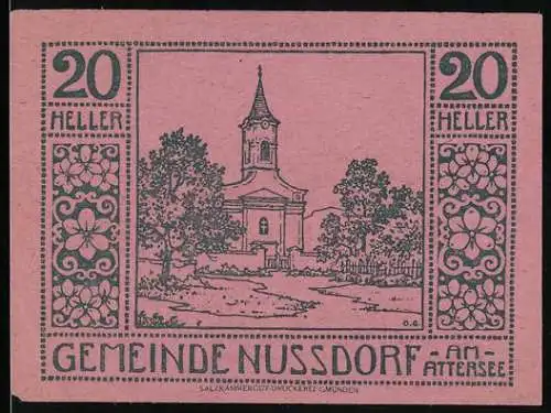 Notgeld Nussdorf am Attersee 1920, 20 Heller, Kirche und Bäume, florales Muster