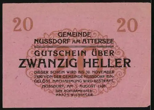 Notgeld Nussdorf am Attersee 1920, 20 Heller, Kirche und Bäume, florales Muster