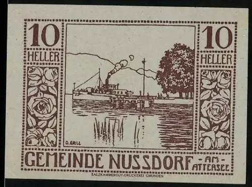 Notgeld Nussdorf am Attersee 1920, 10 Heller, Dampfschiff und florales Design