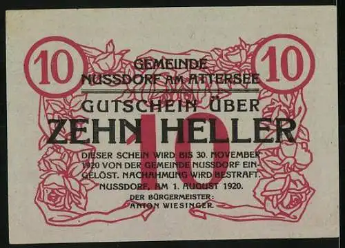 Notgeld Nussdorf am Attersee 1920, 10 Heller, Dampfschiff und florales Design