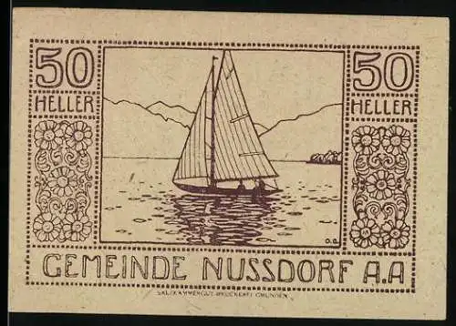 Notgeld Nussdorf am Attersee, 50 Heller, Segelboot auf See und florale Muster