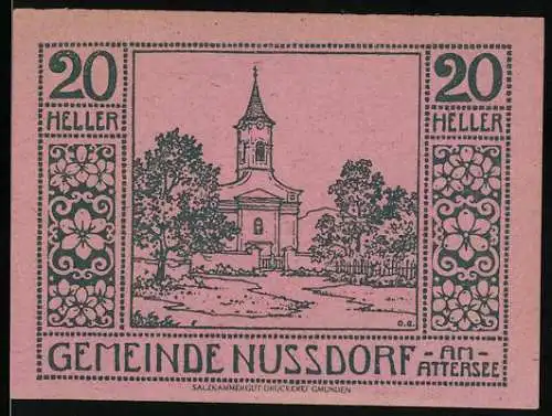 Notgeld Nussdorf am Attersee 1920, 20 Heller, Kirche und Bäume, Gutscheintext