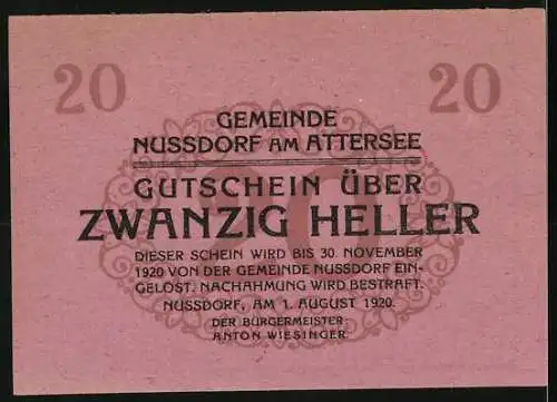 Notgeld Nussdorf am Attersee 1920, 20 Heller, Kirche und Bäume, Gutscheintext