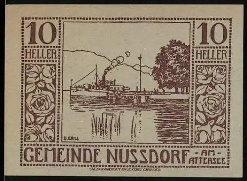 Notgeld Nussdorf am Attersee 1920, 10 Heller, Dampfschiff und Rosenmotive