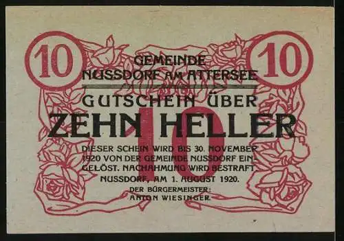 Notgeld Nussdorf am Attersee 1920, 10 Heller, Dampfschiff und Rosenmotive