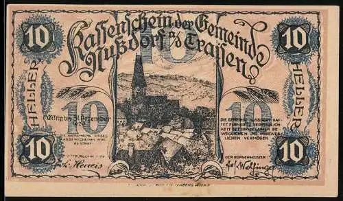 Notgeld Nussdorf a. d. Traisen 1920, 10 Heller, Stadtansicht mit Kirche und umliegenden Gebäuden