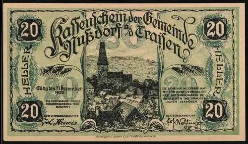 Notgeld Nussdorf a. d. Traisen 1920, 20 Heller, Landschaft mit Kirche und Dorfansicht