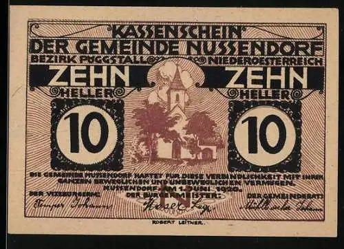 Notgeld Nussendorf 1920, 10 Heller, Kirche und Baum