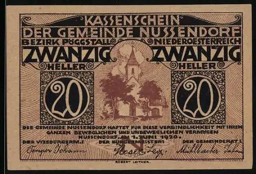 Notgeld Nussendorf 1920, 20 Heller, Kirche und Bäume, Bezirk Pöggstall, Niederösterreich