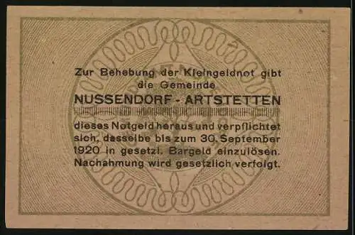 Notgeld Nussendorf 1920, 20 Heller, Kirche und Bäume, Bezirk Pöggstall, Niederösterreich