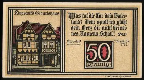 Notgeld Quedlinburg 1921, 50 Pfennig, Klopstocks Geburtshaus und Skulptur mit Krug