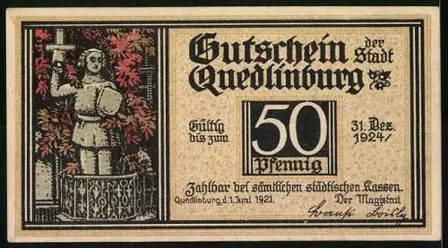 Notgeld Quedlinburg 1921, 50 Pfennig, Klopstocks Geburtshaus und Skulptur mit Krug