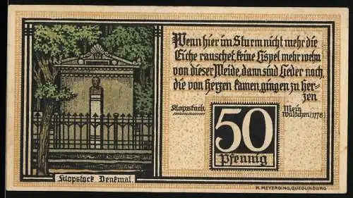 Notgeld Quedlinburg 1921, 50 Pfennig, Klopstock-Denkmal und Schlossansicht