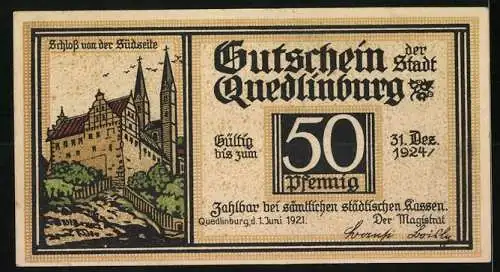 Notgeld Quedlinburg 1921, 50 Pfennig, Klopstock-Denkmal und Schlossansicht