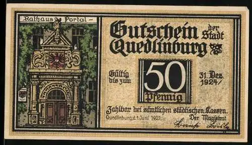 Notgeld Quedlinburg 1921, 50 Pfennig, Rathausportal und Porträt von F.G. Klopstock