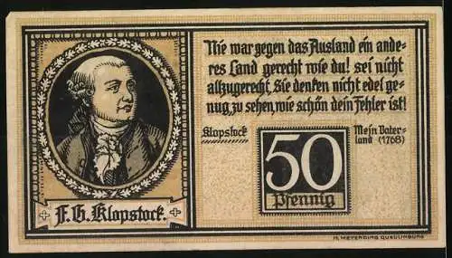 Notgeld Quedlinburg 1921, 50 Pfennig, Rathausportal und Porträt von F.G. Klopstock