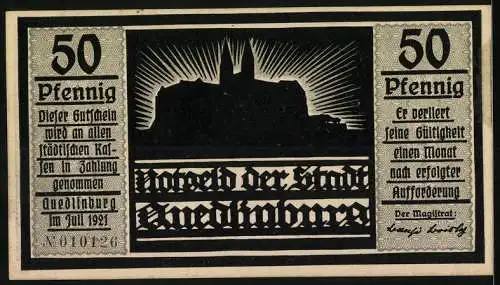 Notgeld Quedlinburg 1921, 50 Pfennig, Silhouette mit Sonne und Burggrafenschaftsmotiv, Seriennummer 010126