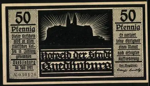 Notgeld Quedlinburg 1921, 50 Pfennig, Silhouette und Fischer mit Spruch, Seriennummer und Stadtwappen