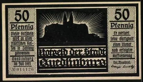 Notgeld Quedlinburg 1921, 50 Pfennig, Silhouette mit Naturmotiv und Schlossansicht, Seriennummer 01470