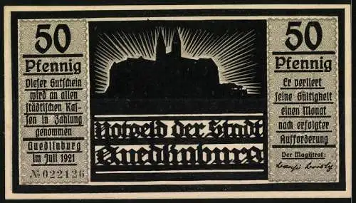 Notgeld Quedlinburg 1921, 50 Pfennig, Silhouette mit Kaisermotiv und Stadtansicht, Seriennummer 022136