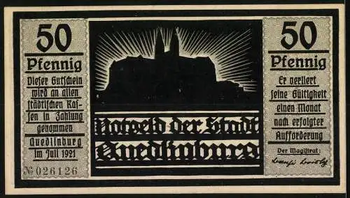 Notgeld Quedlinburg 1921, 50 Pfennig, Silhouette Krönungsszene und Stadtansicht mit strahlender Burg