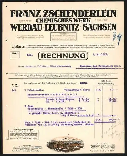 Rechnung Werdau-Leubnitz /Sachsen, Franz Zschenderlein, Chemisches Werk, Betriebsgelände mit Lagerhof