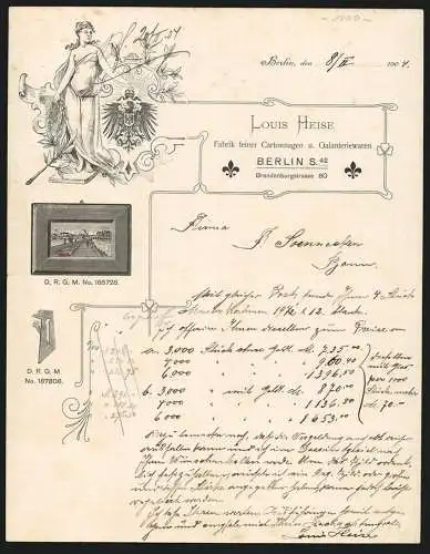 Rechnung Berlin 1904, Louis Heise, Fabrik feiner Cartonnagen u. Galanteriewaren, Produkte und allegorische Frauenfigur