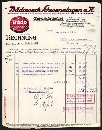 Rechnung Schwenningen a. N. 1927, Chemische Fabrik Büdowerk, Büdo Luxus Terpentin-Edelwachs-Paste