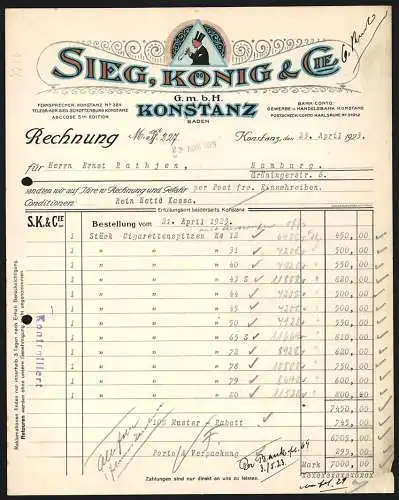 Rechnung Konstanz 1923, Firma Sieg, König & Cie. GmbH, Logo mit Mann in Zylinder und Anzug beim Rauchen