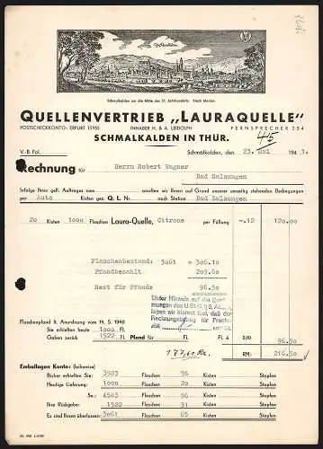 Rechnung Schmalkalden in Thür. 1941, H. & A. Leidolph, Quellenvertrieb Lauraquelle, Ortsansicht aus alter Zeit