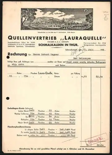 Rechnung Schmalkalden in Thür. 1941, H. & A. Leidolph, Quellenvertrieb Lauraquelle, Ortsansicht aus alten Zeiten