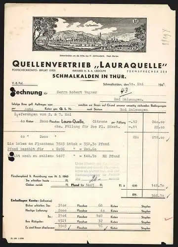 Rechnung Schmalkalden in Thür. 1941, H. & A. Leidolph, Quellenvertrieb Lauraquelle, Ortsansicht aus alter Zeit