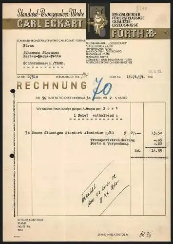 Rechnung Fürth i. B. 1932, Carl Eckart, Standard-Bronzepulver-Werke, Ritter mit Lanze und Schild