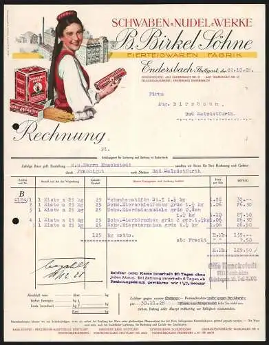 Rechnung Endersbach-Stuttgart 1928, B. Birkel Söhne, Schwaben-Nudel-Werke, Frau in Tracht mit Produkten