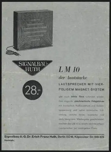 Werbebillet Berlin, Dr. Erich Franz Huth, Signalbau AG, Köpenicker Strasse 108-109, Produktansicht Empfänger LM10