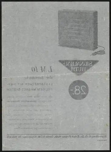 Werbebillet Berlin, Dr. Erich Franz Huth, Signalbau AG, Köpenicker Strasse 108-109, Produktansicht Empfänger LM10