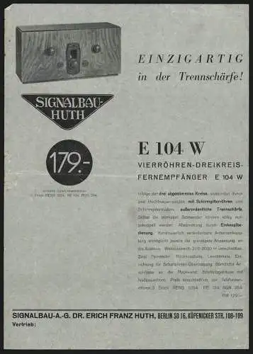 Werbebillet Berlin, Dr. Erich Franz Huth, Signalbau AG, Köpenicker Strasse 108-109, Produktansicht Empfänger E 104 W