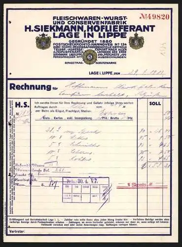 Rechnung Lage i. Lippe, H. Siekmann, Fleischwaren-, Wurst- & Conservenfabrik, Schutzmarke HS