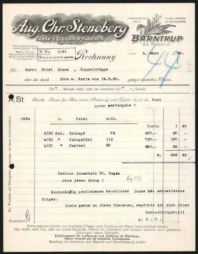 Rechnung Barntrup /Minden 1920, Aug. Chr. Steneberg, Tabak- & Cigarren-Fabriken, Tabakpflanze