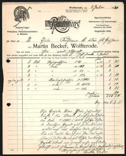 Rechnung Wolfterode 1920, Martin Becker, Engros-Lager in Peitschen und Riemen, Marke mit Pferd, Hufeisen und Gerte