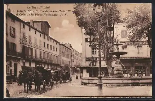 AK Castres, Entrèe de la Rue Henri IV et Coin de la Place Nationale