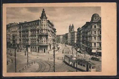 AK Magdeburg, Hasselbachplatz, Blick auf Breiter Weg, Strassenbahn, Litfasssäule