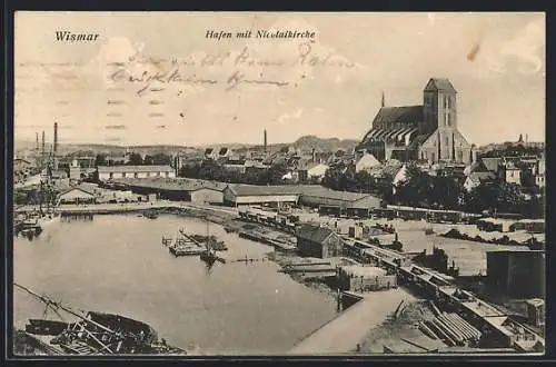 AK Wismar, Hafen mit Nikolaikirche