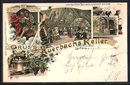 Lithographie Leipzig, Gasthaus Auerbach`s Keller, Hexenküche, Doctor Faustus Anno 1525