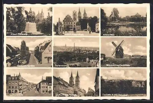 AK Oschatz, Albert-Denkmal, Windmühle Zschöllau, Bahnhof