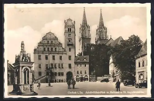 AK Oschatz i. Sa., Platz mit Rathaus u. St. Aegidienkirche